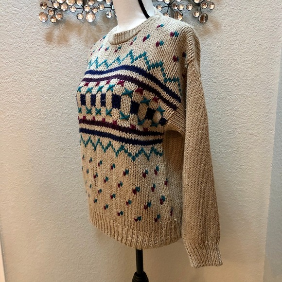 JJ Fargo Handknit Sweater Women's Large (L) Camel Colored Maroon Navy VNTG 80s - Picture 5 of 10